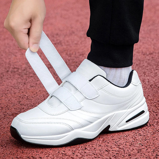Męskie skórzane trampki z regulowanym zapięciem na rzepy, codzienne buty sportowe, białe trampki, Masculino Zapatillas Deportivas Tenis