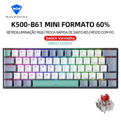 Tastiera meccanica mini Machenike K500-B61 60% layout ABNT2, retroilluminazione RGB, hot-swappable, NKRO, tastiera gaming cablata per PC Gamer
