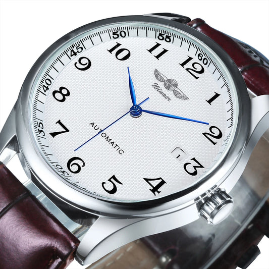 Relógio clássico para homem – Estilo retro com calendário e ponteiros azuis, movimento mecânico automático, marca de prestígio, caixa em aço e bracelete em pele