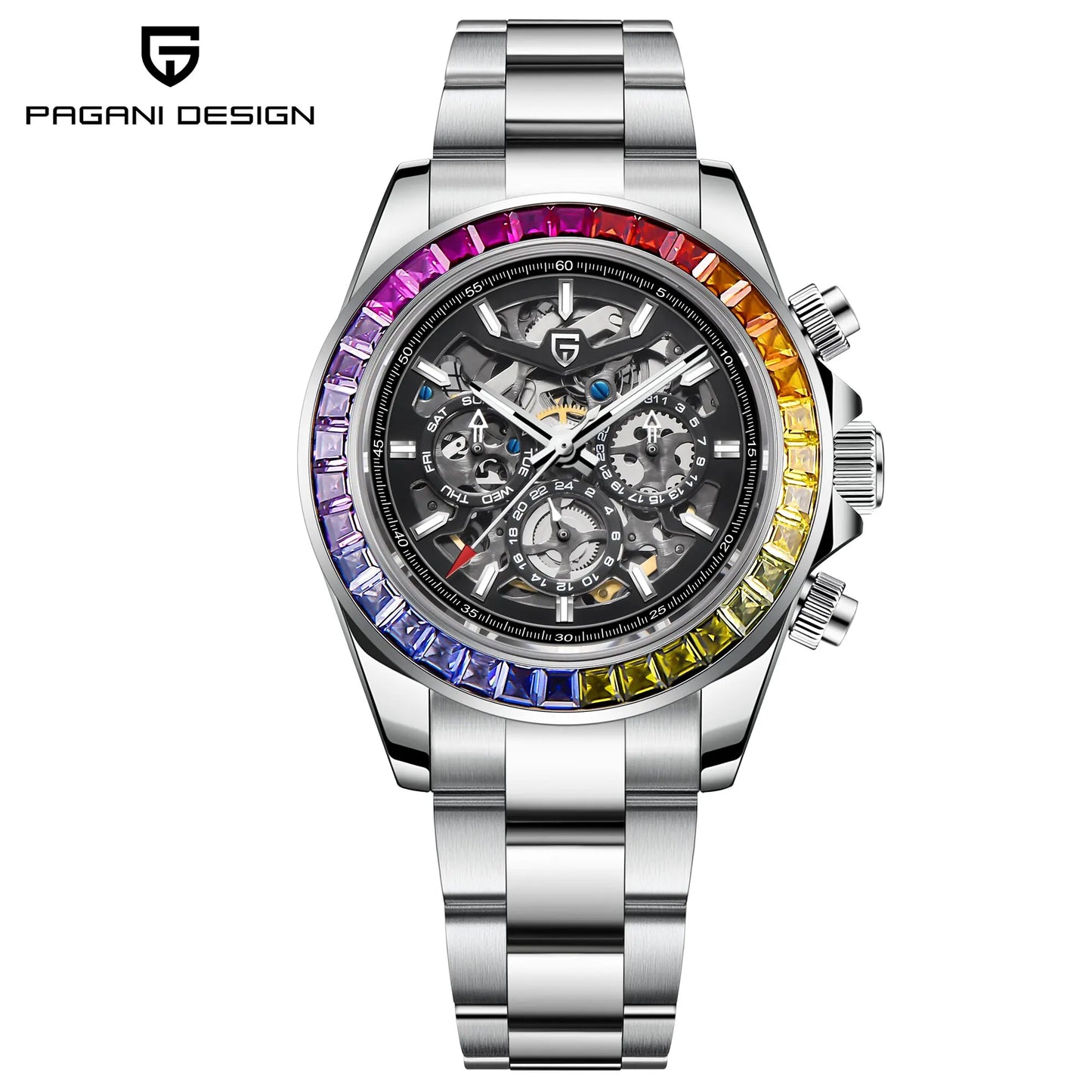 PAGANI DESIGN Personalized Men Automatic Mechanical Watch Colorful Gemstone Bezel Small Three-Pin Tachymeter Design Chronograph