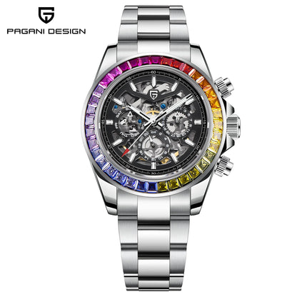 PAGANI DESIGN Personalized Men Automatic Mechanical Watch Colorful Gemstone Bezel Small Three-Pin Tachymeter Design Chronograph