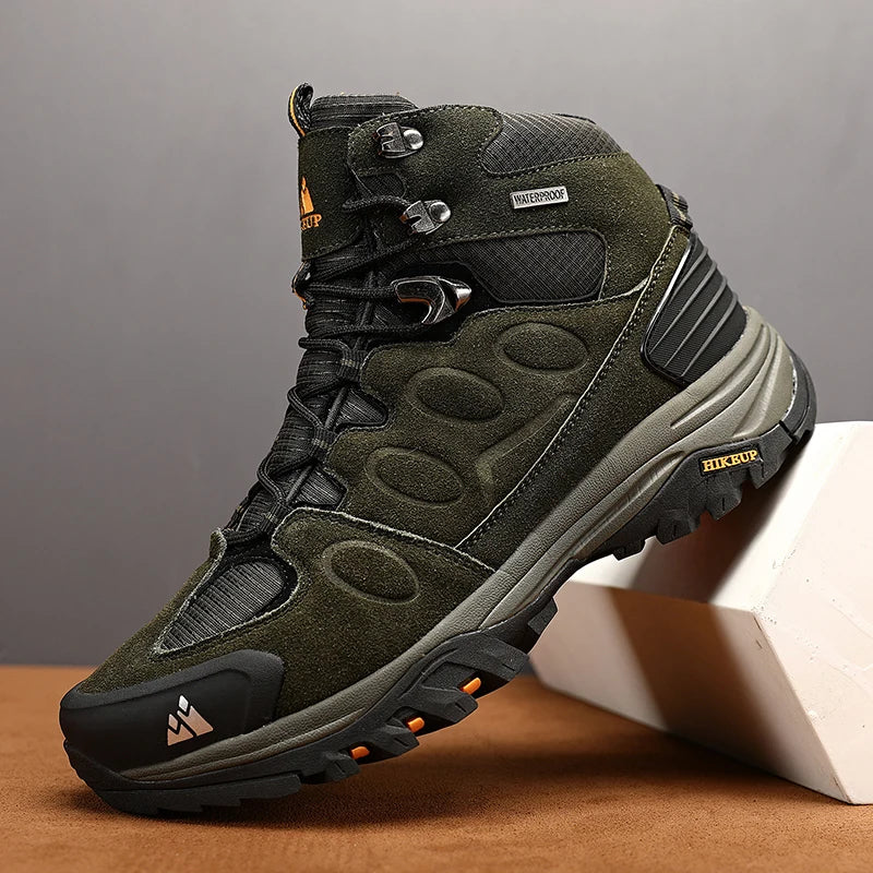 HIKEUP Botas de senderismo altas para hombre, calzado de invierno para exteriores con cordones, antideslizantes, deportivas y casuales, botas de trekking de ante cálidas para hombre