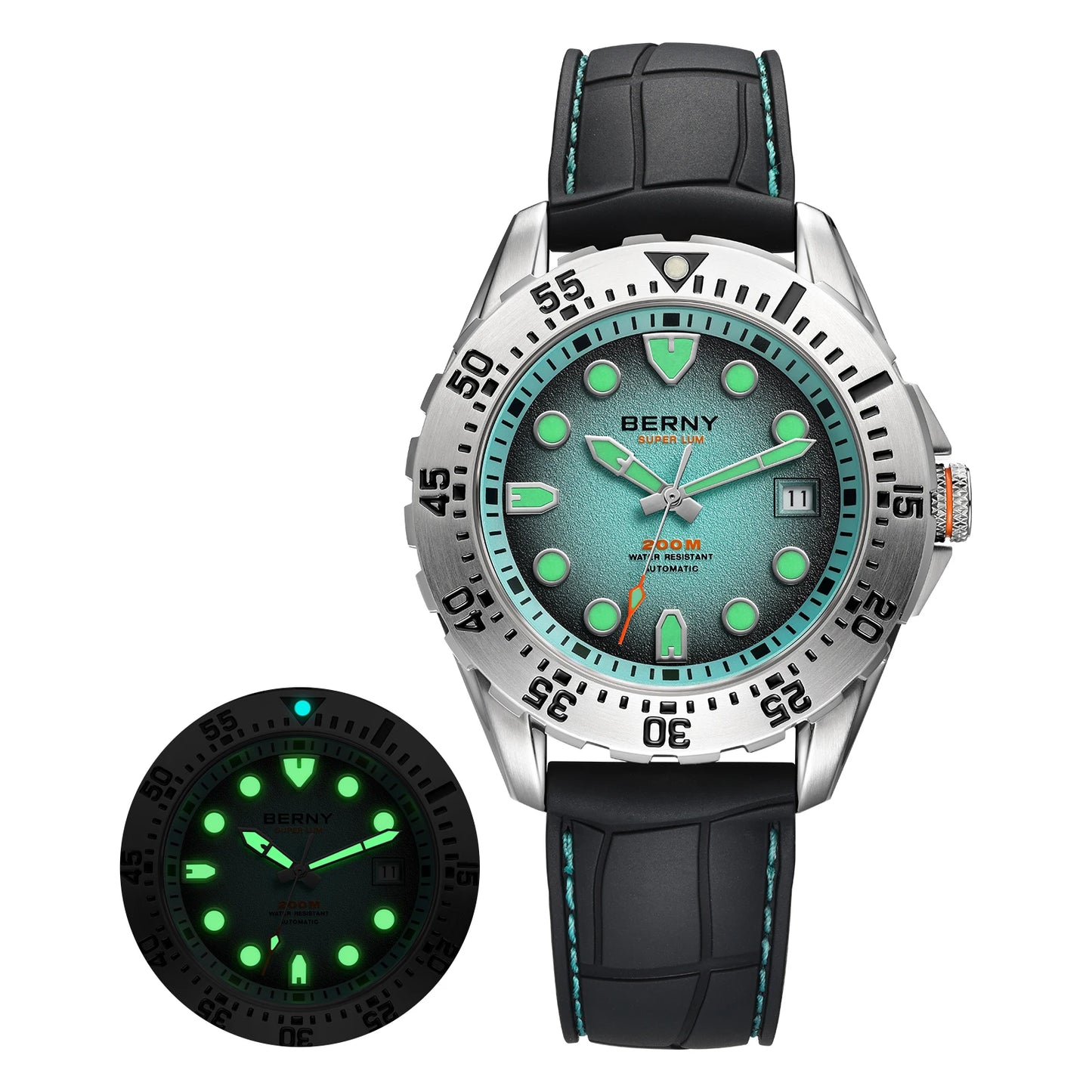 BERNY Automatic Diver Watch for Men Frosted Dial MIYOTA 8215 316L Supper Luminous Sapphire AR Fluororubber Men's Diving Watches