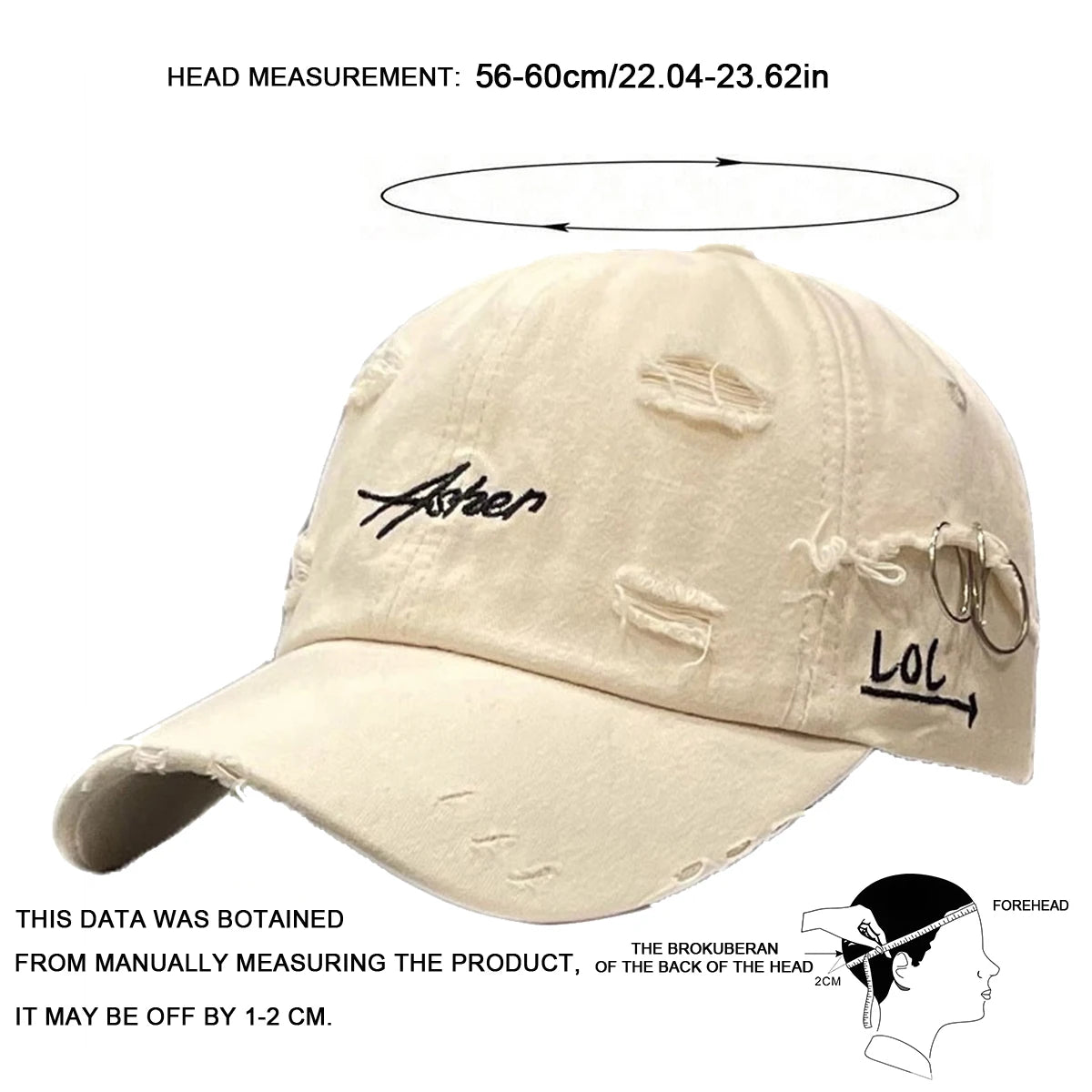 Unisex Asher Embroidery Broken Hole Iron Ring Baseball Caps Outdoor Adjustable Spring and Autumn Casual Sunscreen Hat