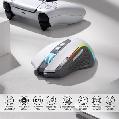 Redragon M612 PRO RGB BT 2.4G gaming miška, brezžična optična miška 8000 DPI z 9 programabilnimi gumbi in 7 načini osvetlitve, B