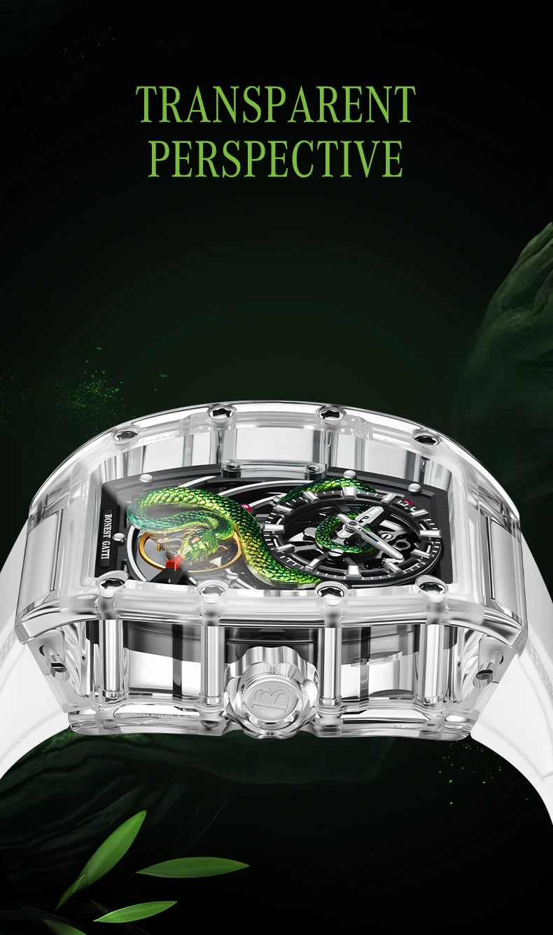BONEST GATTI Men Mechanical Watch Sapphire Crystal Double Sided Hollow Out Luminous 30M Waterproof Snake Pattern Dial Wristwatch