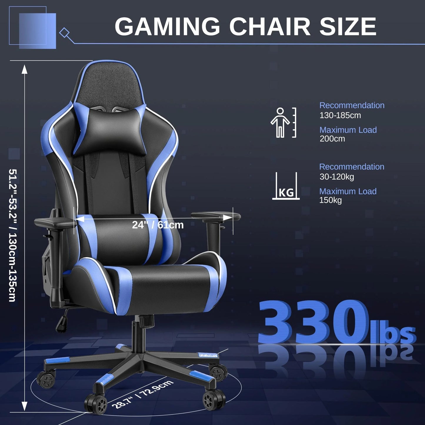 Gaming Chair, Ergonomic PU Leather Office Chair, Reclining Swivel Computer Chair with Headrest Lumbar Support, Black Blue