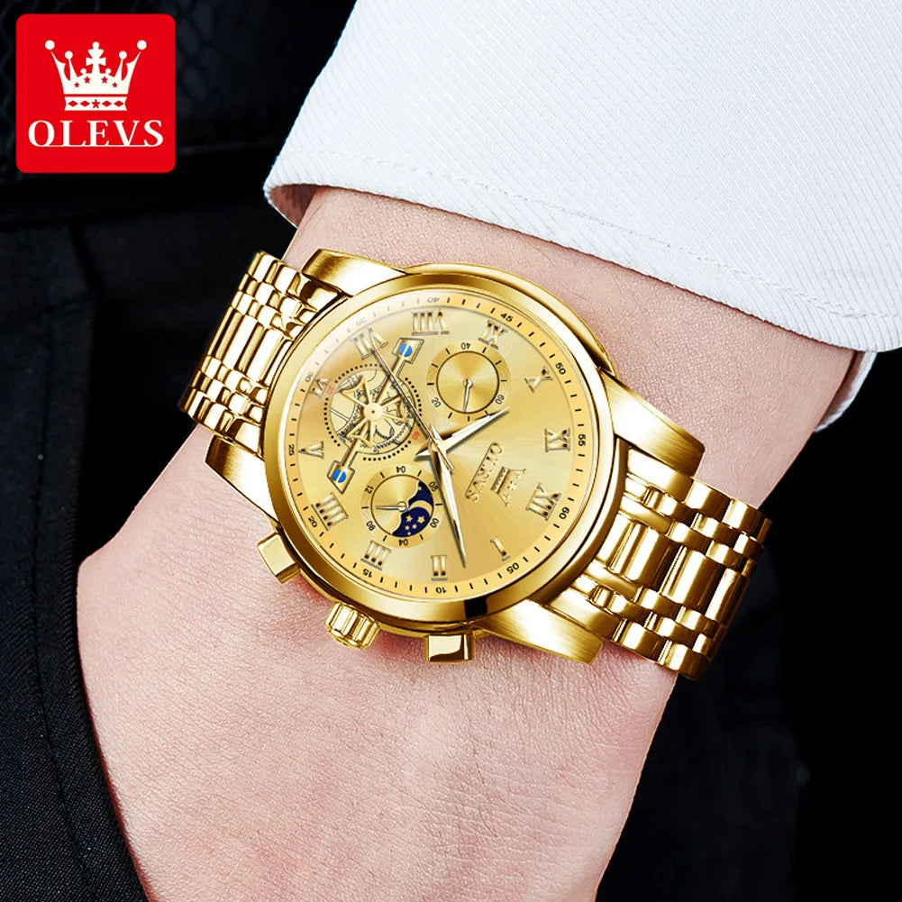 Relógio de homem OLEVS 2859 – Modelo clássico e luxuoso com algarismos romanos, multifunções, resistente à água, mostrador luminescente, movimento de quartzo de alta qualidade.
