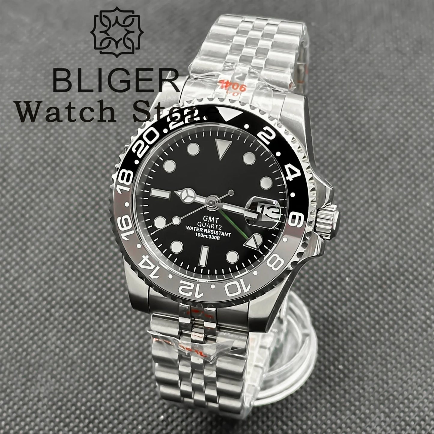 BLIGER 40mm 515 24H GMT Men's Watch Stainless Steel Clasp Luminous Quartz Movement Ceramic Bezel Sapphire Glass 10Bar Waterproof