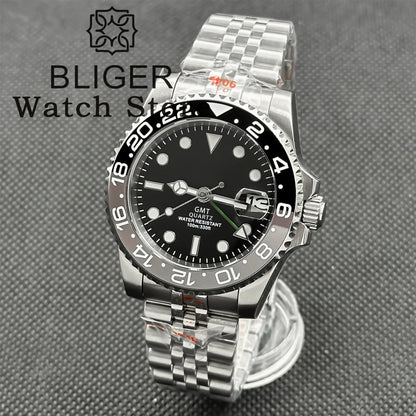 BLIGER 40mm 515 24H GMT Men's Watch Stainless Steel Clasp Luminous Quartz Movement Ceramic Bezel Sapphire Glass 10Bar Waterproof