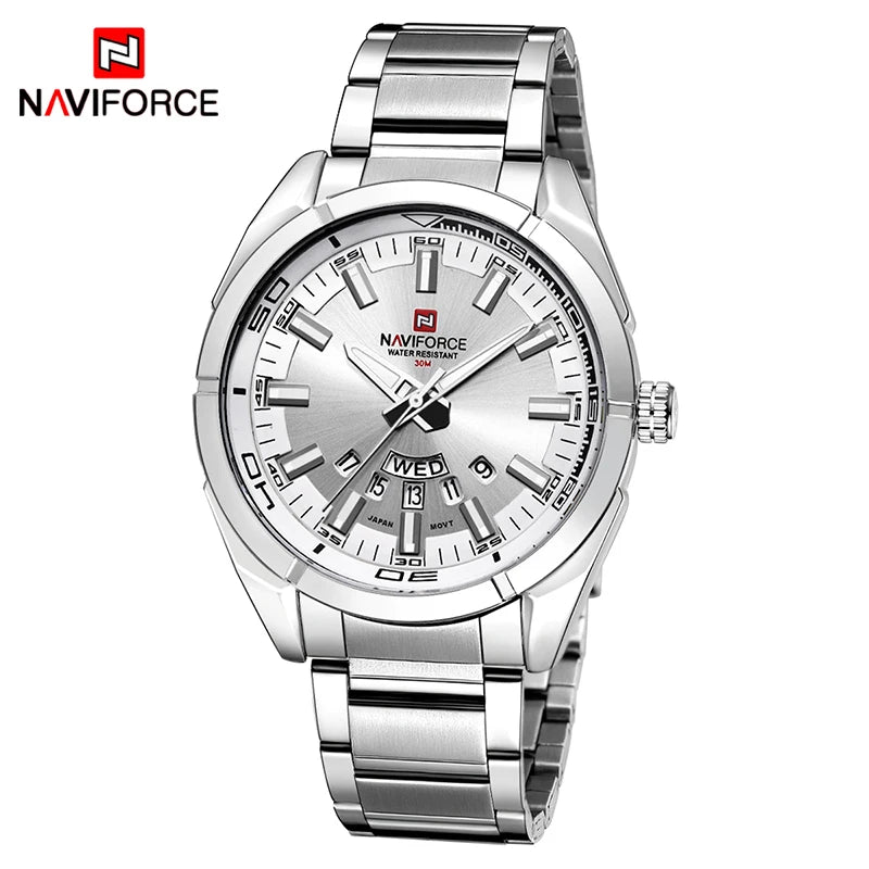 Relógio de pulso para homem NAVIFORCE, inteiramente em aço, estanque, estilo descontraído, movimento de quartzo com indicação da data – Relógio de pulso de luxo para homem, de uma marca de renome.