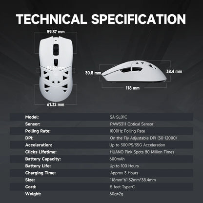 RAWM SL01C Wireless Lightweight Gaming Bluetooth Mouse Tri-Mode E-sports Gamer Mini Hollow PAW3311 PC Laptop Office Accessories