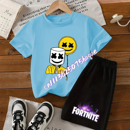 Sommer-Fortnite-T-Shirt und Shorts für Jungen und Mädchen, 2-teiliges Kinder-Set mit Oberteil und Hose, Fortress-Night-Print, Geschenk