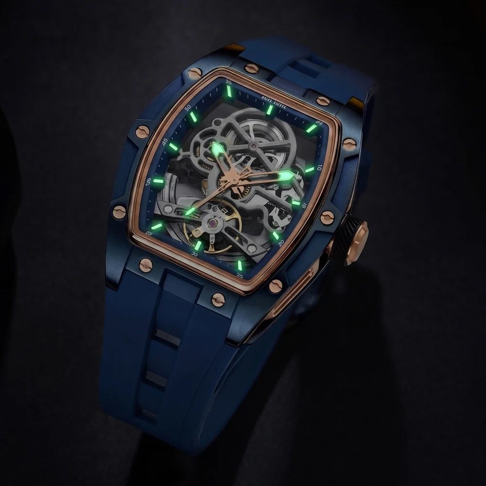 Relógio mecânico para homem MEGIR, formato de barril, mostrador esqueletizado com aberturas, estilo desportivo, bracelete em silicone, relógio automático de luxo