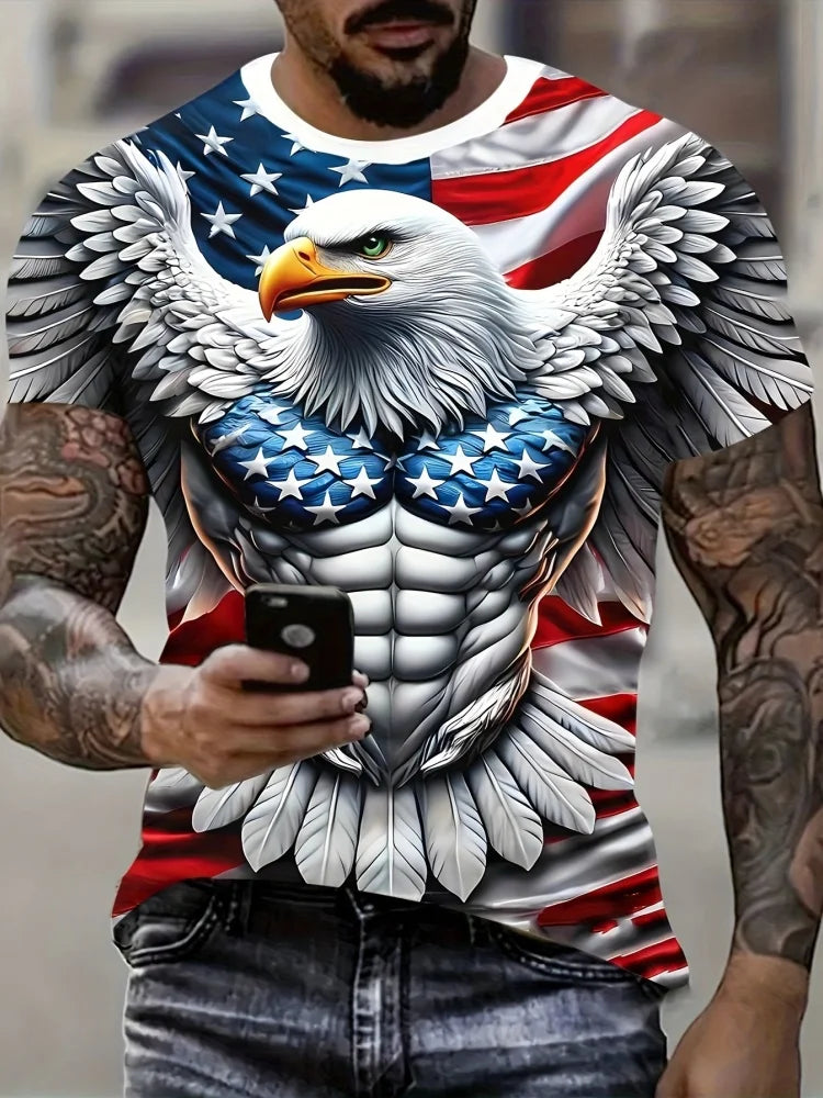 Patriottisch 3D-T-shirt met adelaarsprint voor heren, casual T-shirt met ronde hals en korte mouwen, ideaal voor zomermode en buitenactiviteiten, herenkleding