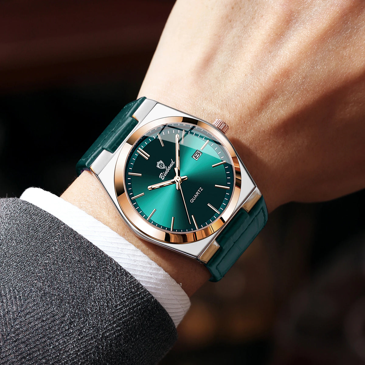 BINBOND luxury quartz wristwatch for men – Water-resistant, luminous, with automatic date – Professional, sporty, trendy and casual styles – Leather strap