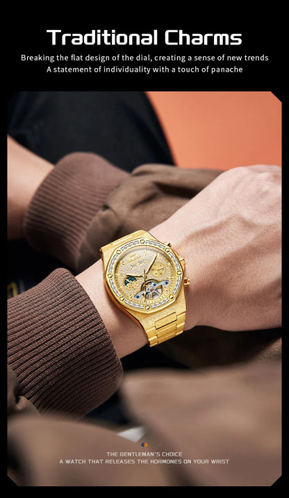 OLEVS 9805 Mens Watch Original Brand Tourbillon Automatic Mechanical Watch Diamond Dial Waterproof Moon Phase Watches For Men