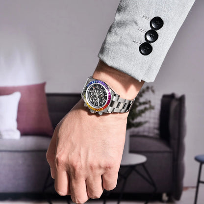 PAGANI DESIGN Personalized Men Automatic Mechanical Watch Colorful Gemstone Bezel Small Three-Pin Tachymeter Design Chronograph