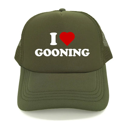 Juokingos „I Love Gooning“ beisbolo kepurės. Šaunios vasarinės vyriškos tinklinės kepurės. Humoro kupinos „Trucker“ stiliaus kepurės. Unisex lauko tinklinės kepurės MZ-080