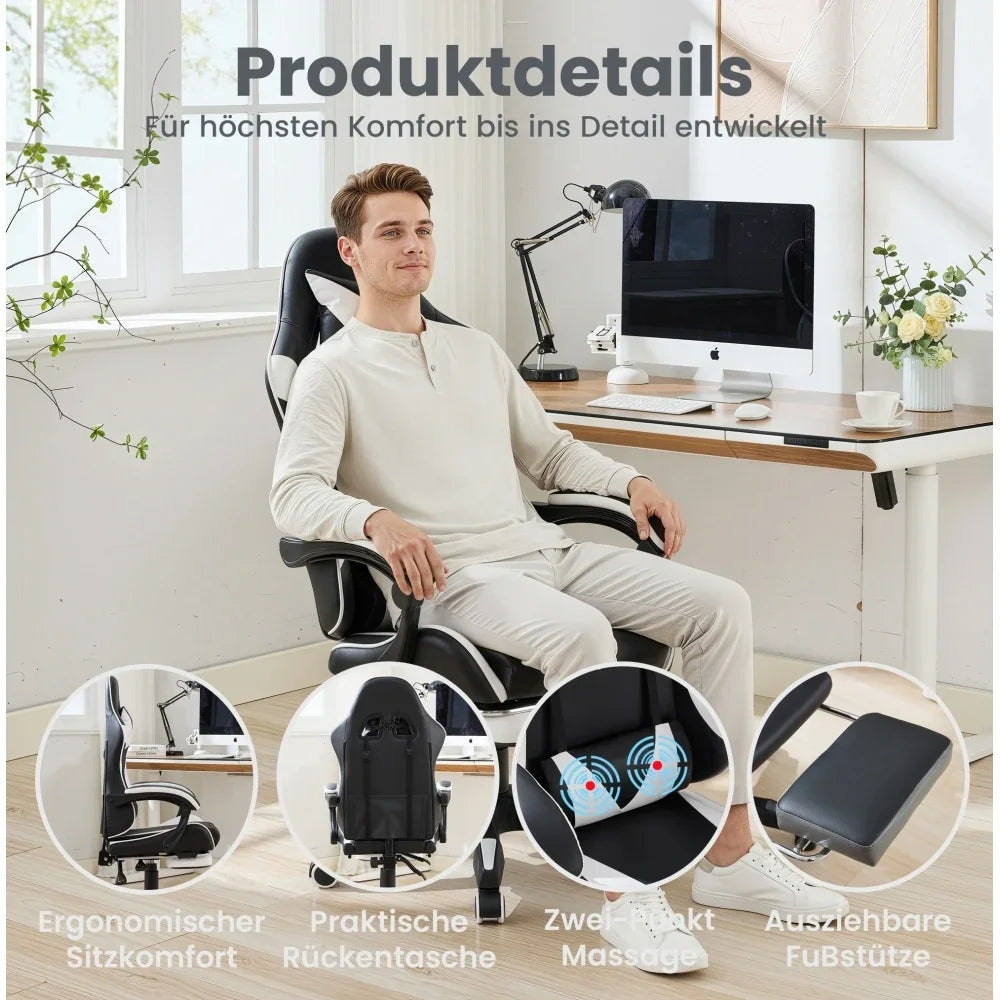 360 ° - Swivel Ergonomic Racing Design Gaming Chair Leather High Back Office Chair Height Adjustable Task Chair, Black&White