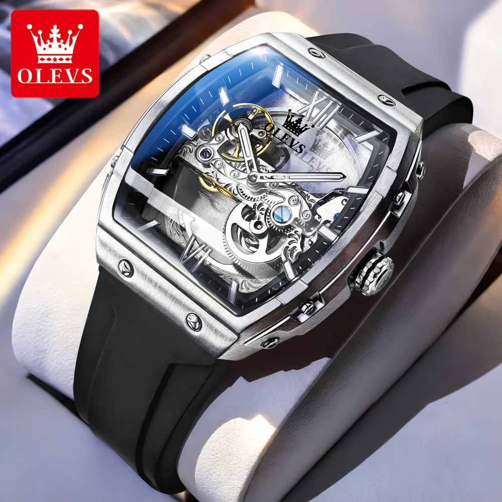 OLEVS 6779 Mens Watch Skeleton Mechanical Watch Fashion Business Sport Waterproof Luminous Silicone Strap Watches For Men