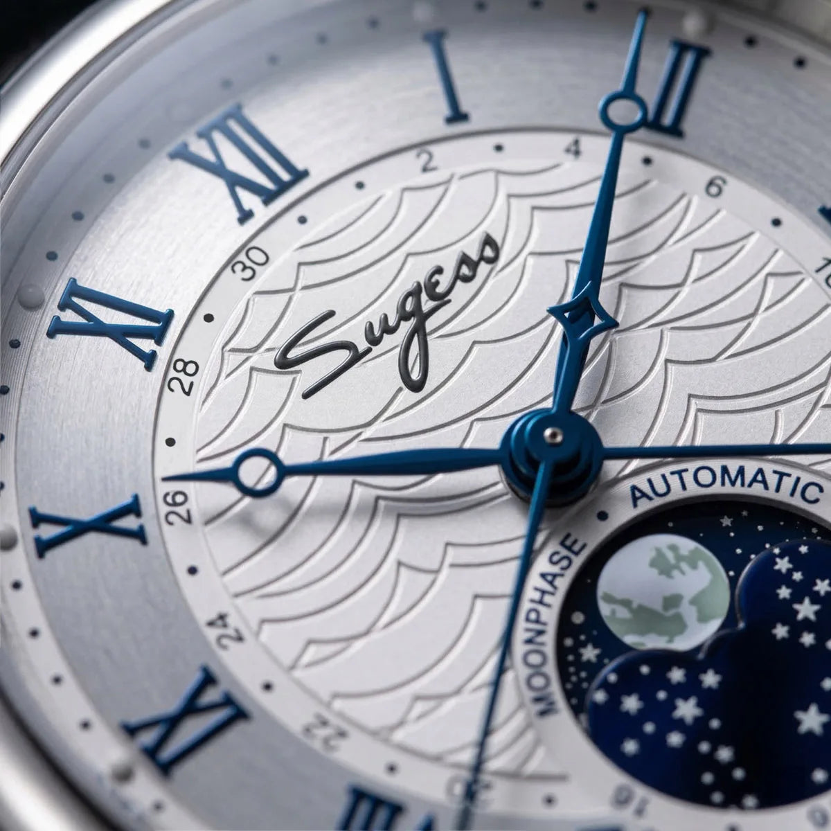 Sugess Watches for Men Automatic Mechanical Watch Moonphase Tianjin ST2108 Waterproof Date Hands Sapphire Crystal Rome Wave Dial