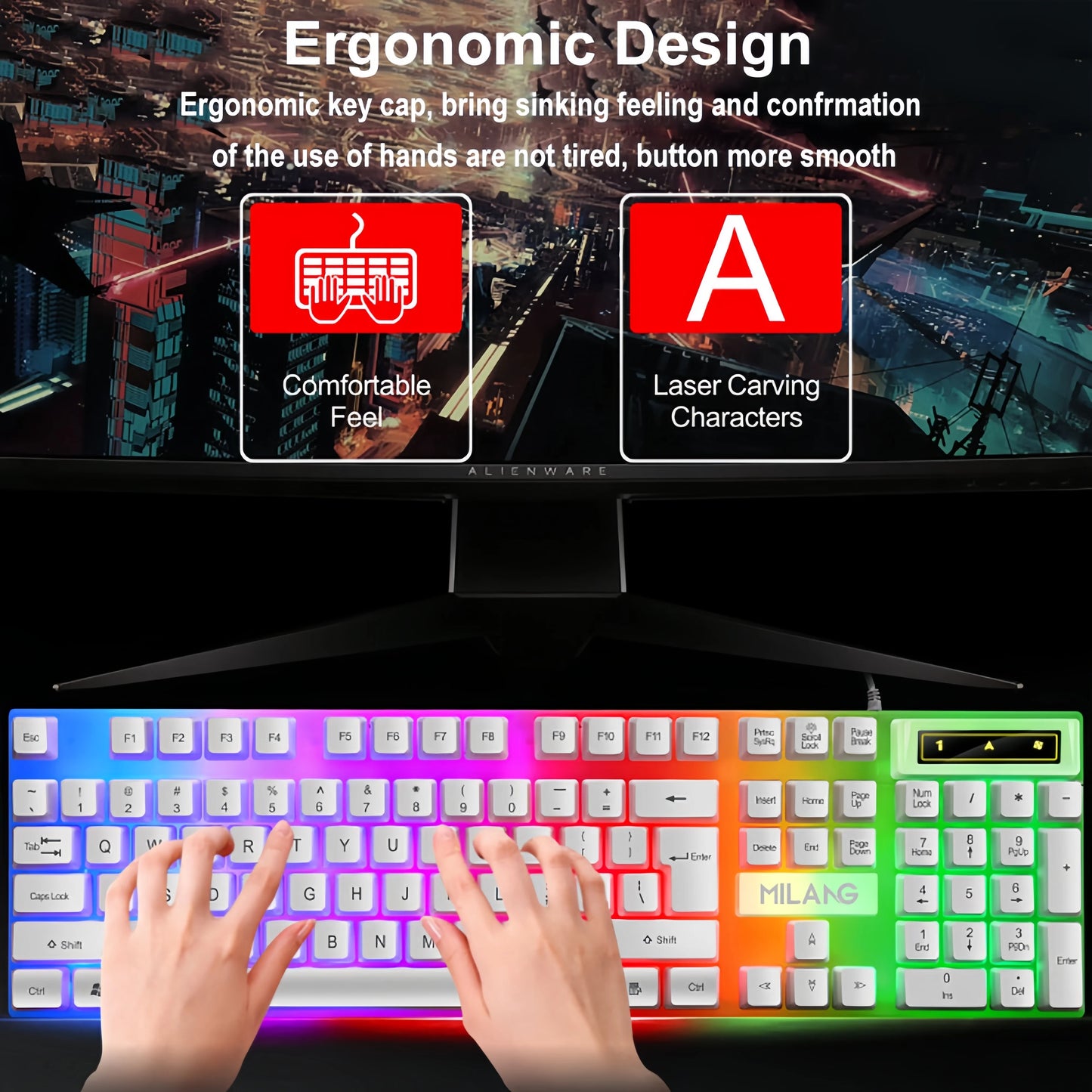 KEBIDUMEI Tastiera cablata USB RGB retroilluminata da gaming 104 tasti, tastiera standard a membrana per PC, laptop, Windows, iOS