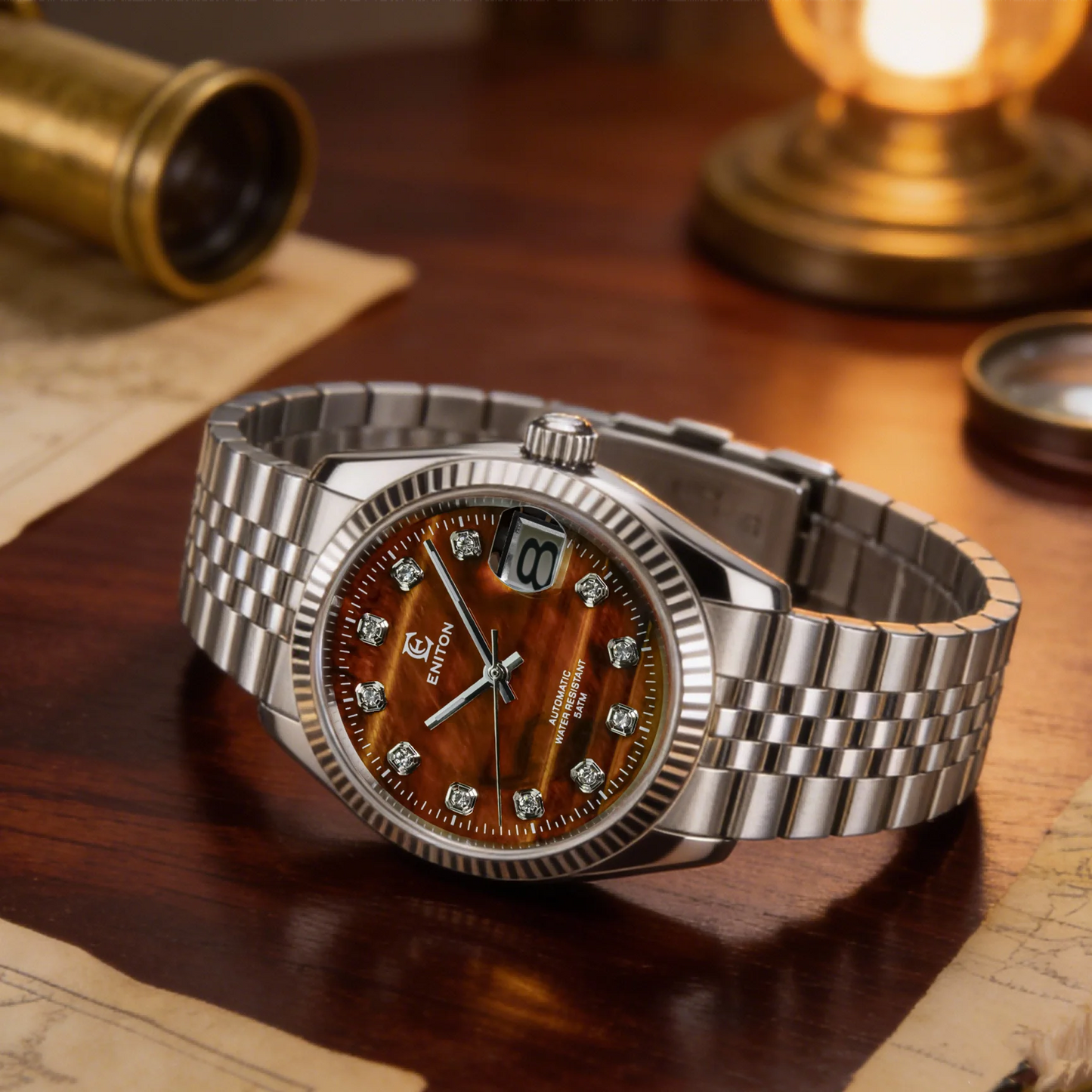 Eniton 36mm Men's Mechanical Watch with Stainless Steel Peacock Stone Tiger Eye Dial And NH35 Movement
