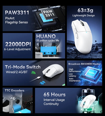 ATTACK SHARK X11SE trådlös gamingmus, tri-mode, 63g superlätt med PAW3311-sensor, 22000 DPI, 300mAh batteri, dubbel drivrutin