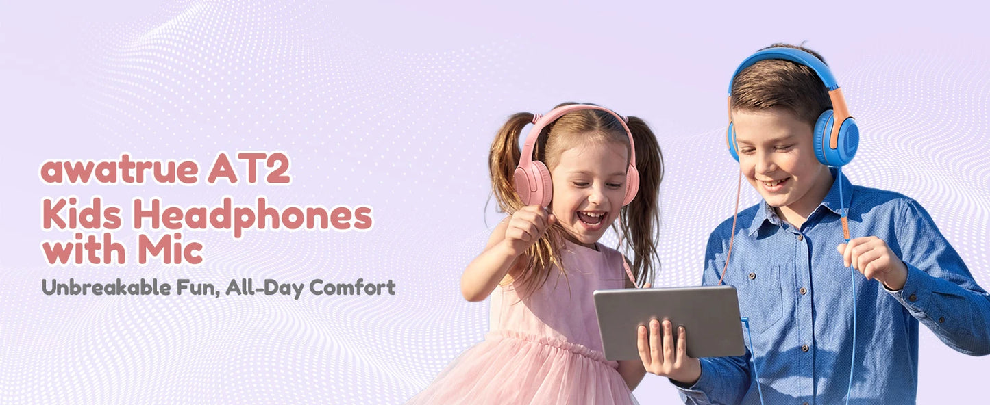 Awatrue Kids Headphones with Microphone, Safe Volume Limited Wired Kids Headphones for School, Toddler & Children, Comfortable Stereo Headset for Learning, Travel & Gaming