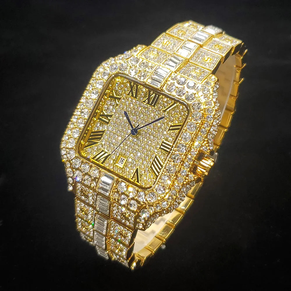 Luxurious Full Diamond Watch For Men Popular Rose Gold Iced Out Quarz Watches Fashion Hip Hop Jewelry Reloj Hombre Dropshipping