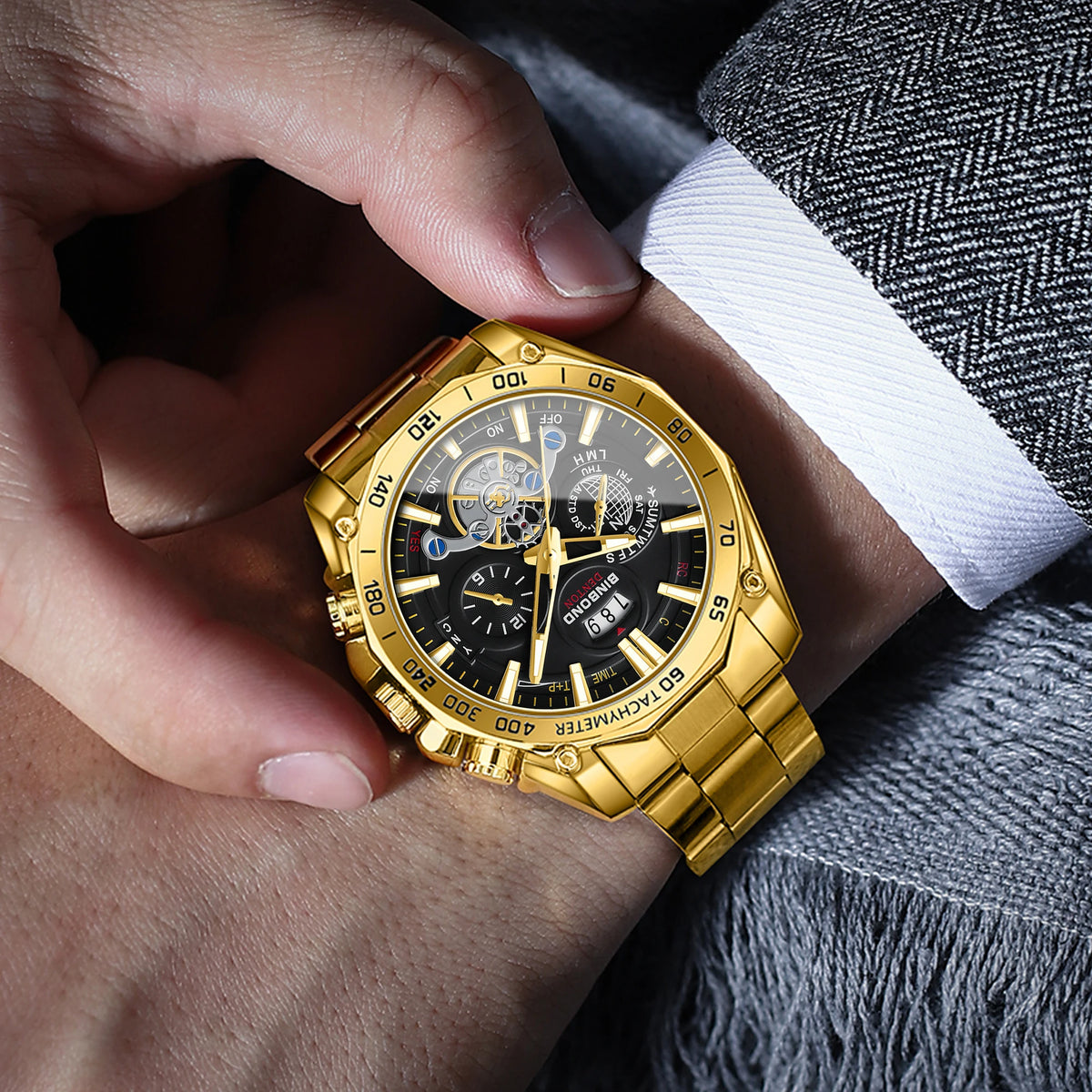 Orologi al quarzo di lusso BINBOND da uomo, luminescenti, impermeabili, con datario automatico, precisi e resistenti, in stile sportivo e business.