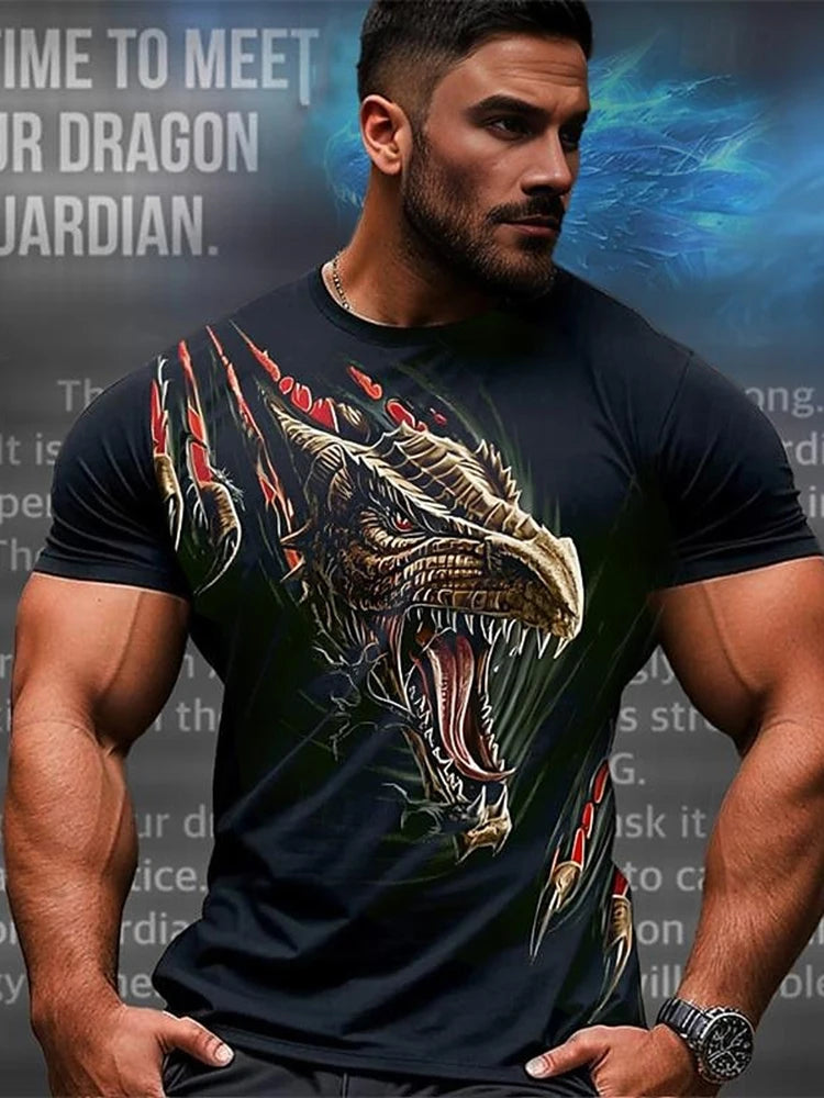 Camiseta de hombre con estampado de dragón 3D, informal de verano para diario, camiseta urbana de hombre para deportes al aire libre, manga corta, moda urbana