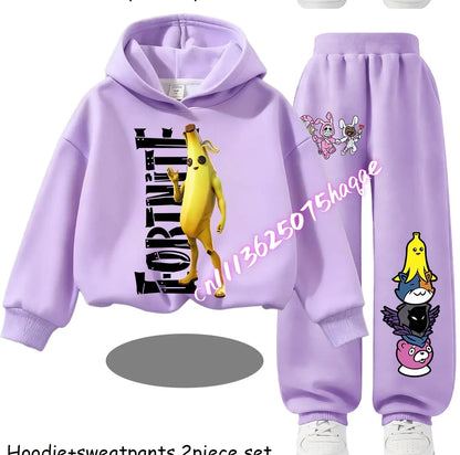 Fortnite Kids Spring and Autumn Long-Sleeved Pants Children's Hooded Sweatshirt Set Game Cartoon Print Boys' Sport Shirt