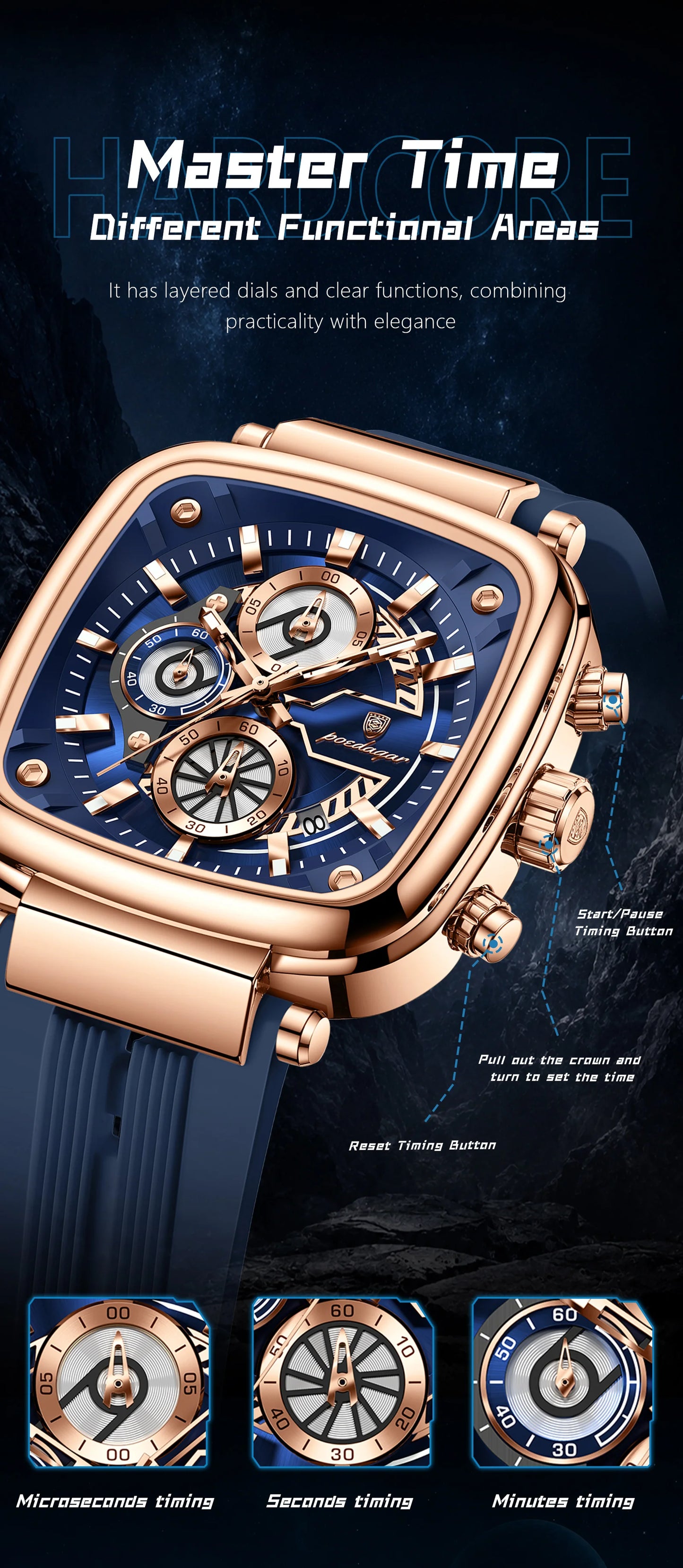 POEDAGAR Square Sport Man Wristwatch Date Waterproof Luminous Chronograph Watch For Men Silicone Strap Men's Quartz Watches Male