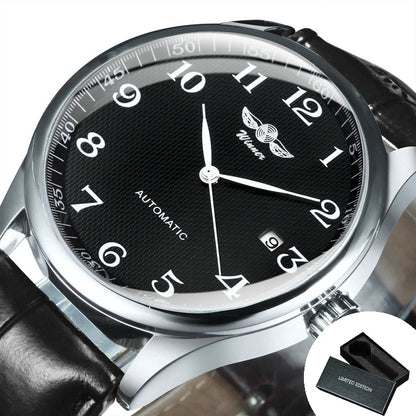 Relógio clássico para homem – Estilo retro com calendário e ponteiros azuis, movimento mecânico automático, marca de prestígio, caixa em aço e bracelete em pele