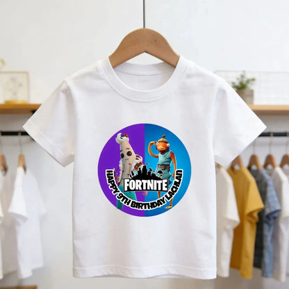 T-shirt infantil branco de algodão com estampado cartoon do tema Fortnite, manga curta, verão, jogo popular