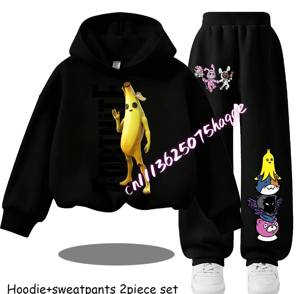 Fortnite Kids Spring and Autumn Long-Sleeved Pants Children's Hooded Sweatshirt Set Game Cartoon Print Boys' Sport Shirt