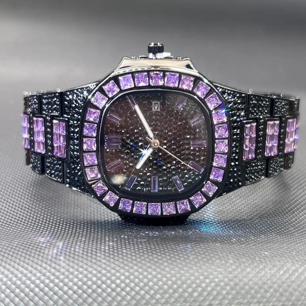 MISSFOX Luxury Watch For Men Rose Iced Out Diamond Hip Hop Quartz Waterproof Clock Men Square Diamond Male Watch 2026 New