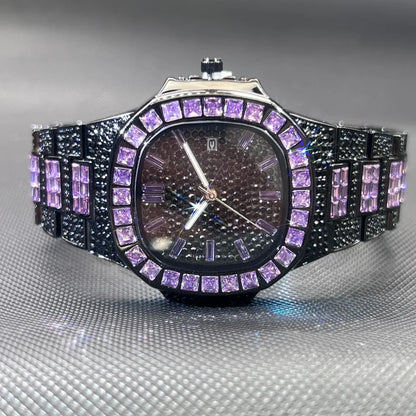 MISSFOX Luxury Watch For Men Rose Iced Out Diamond Hip Hop Quartz Waterproof Clock Men Square Diamond Male Watch 2026 New