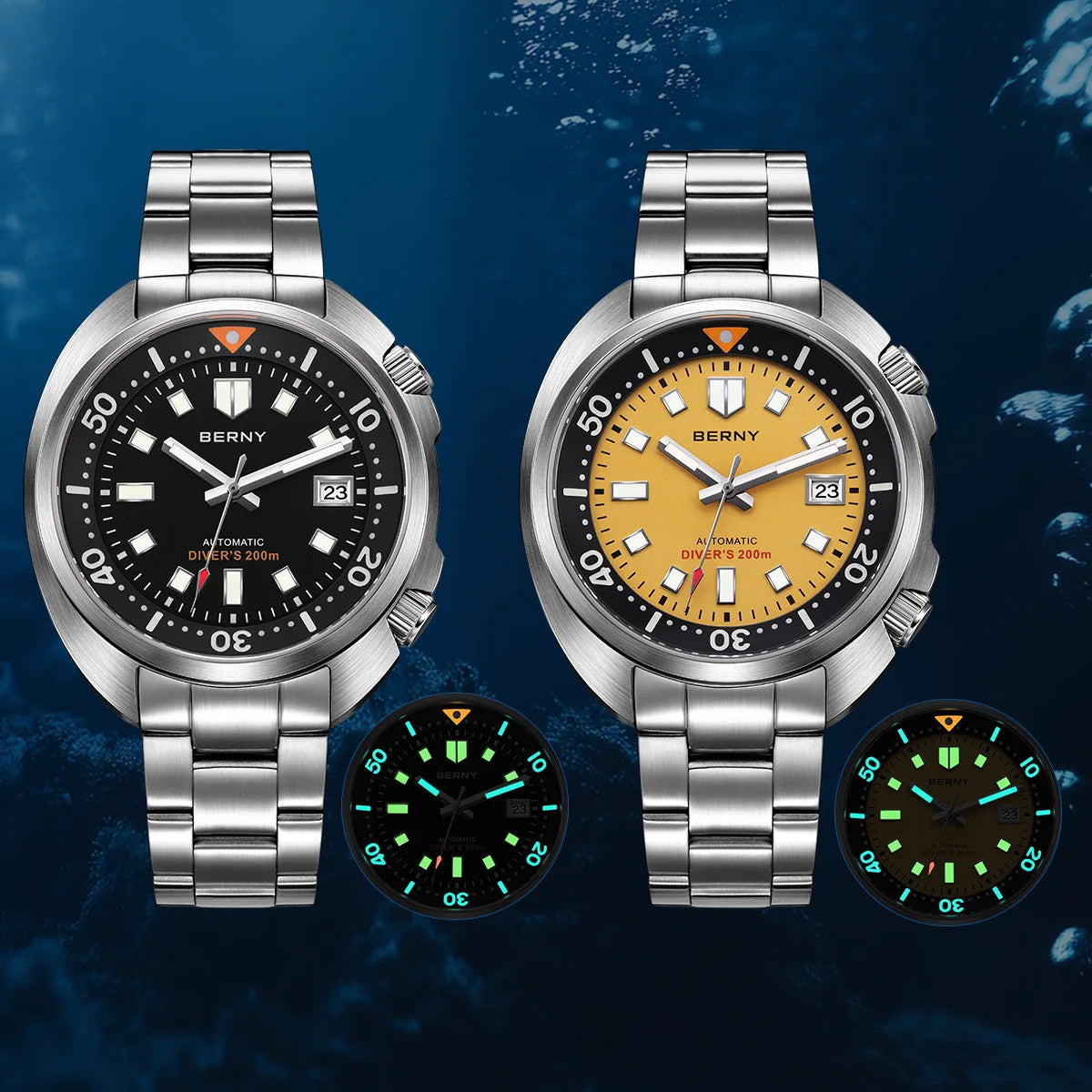 BERNY Automatic Dual Crown Diver Watch For Men Super Luminous Miyota 8215 Sapphire Swim Sport 20ATM Mechanical Men's Dive Watch