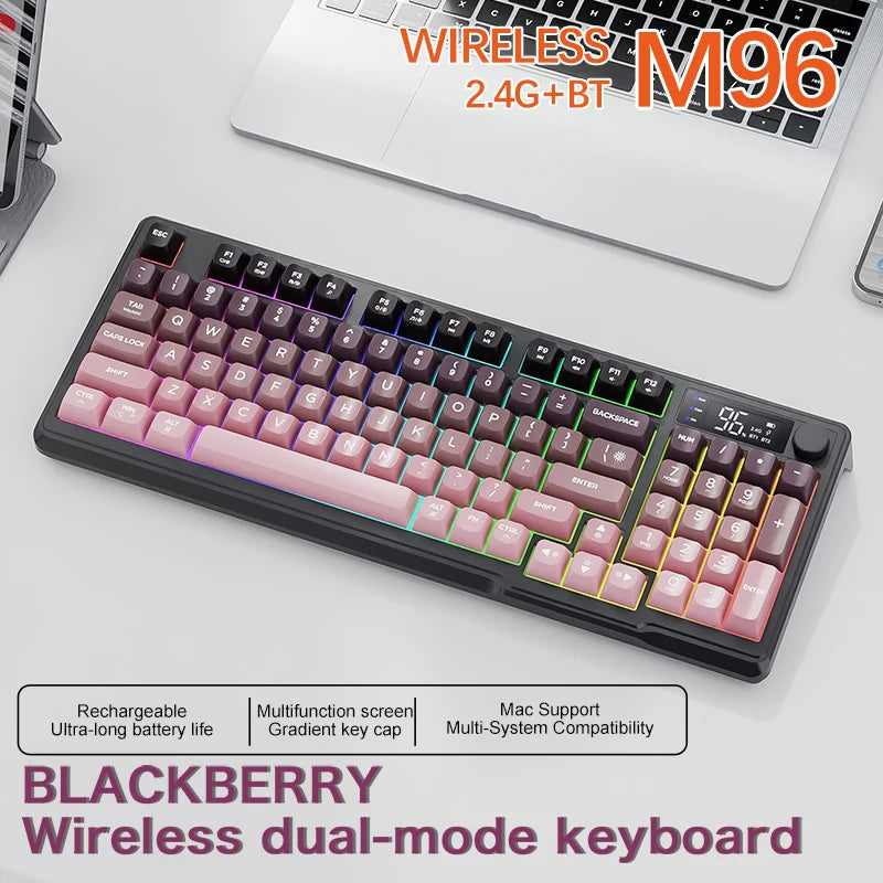 Tastiera wireless Bluetooth M96 FREEWOLF con display digitale, retroilluminazione RGB, batteria da 2000mAh e keycap PBT per PC/laptop