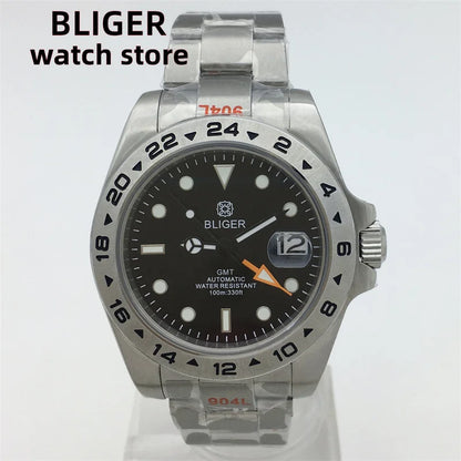 BLIGER 40mm/43mm Japan NH34 GMT Men's mechanical watch green luminous white dial sapphire glass stainless steel strap