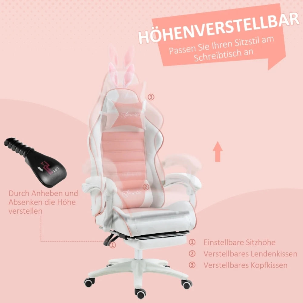 Ergonomic Gaming Chair, Reclinable Gamer Chair 135 ° , Footrest, Lumbar Cushion and Headrest, Adjustable Height, Pink