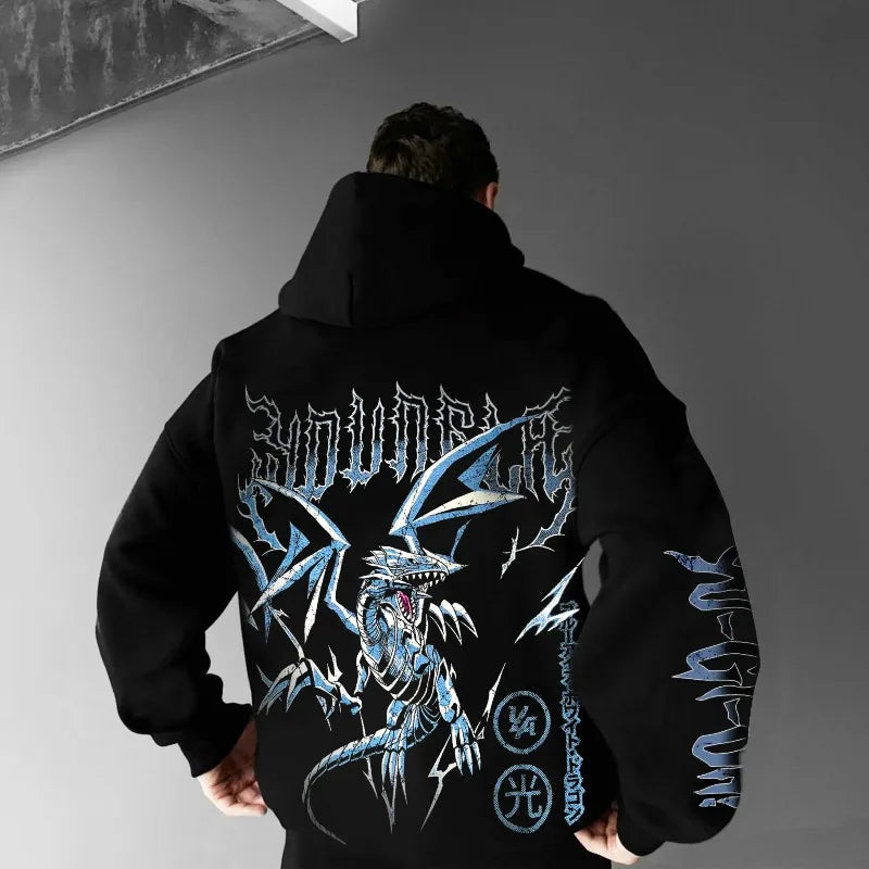 Klasické anime Yu-Gi-Oh! mikina s potlačou postavy Blue-Eyes White Dragon pre mužov, hrubá a široká Y2K Halloween COS mikina s kapucňou na jeseň/zimu