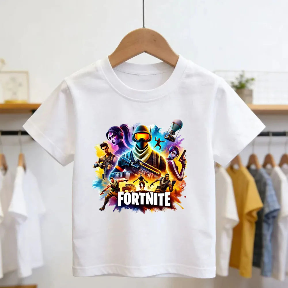 T-shirt infantil branco de algodão com estampado cartoon do tema Fortnite, manga curta, verão, jogo popular