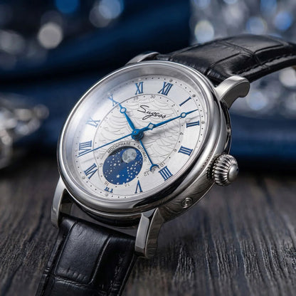 Sugess Watches for Men Automatic Mechanical Watch Moonphase Tianjin ST2108 Waterproof Date Hands Sapphire Crystal Rome Wave Dial
