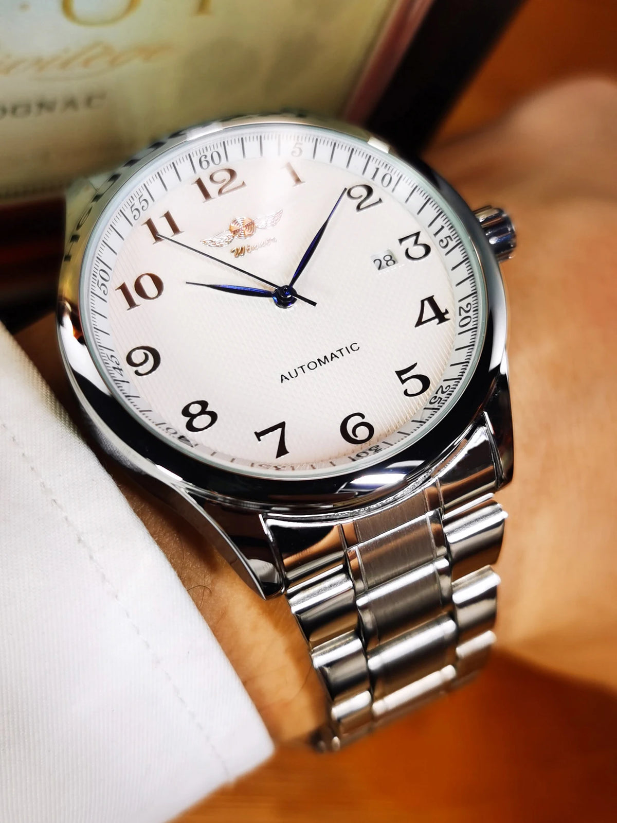 Relógio de homem WINNER – Estilo clássico, retro e elegante – Relógio mecânico automático com calendário – Marca de luxo, caixa em aço e bracelete em pele