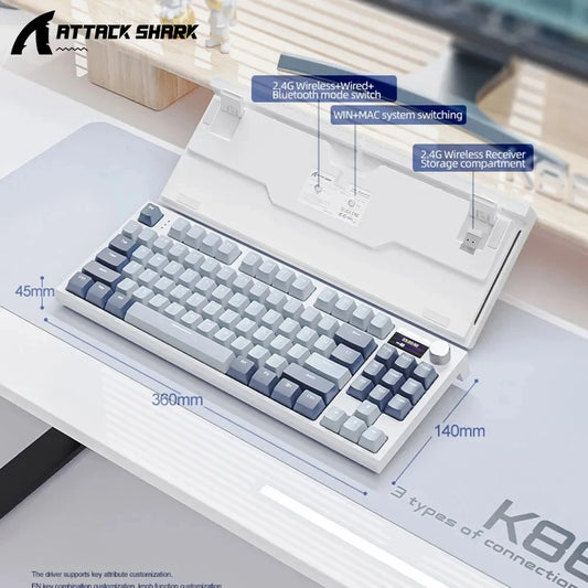 Attack Shark K86 Wireless Mechanical Keyboard, TFT Display, Metal Knob,RGB Backlit, Hot-Swappable, Bluetooth for Gaming & Office