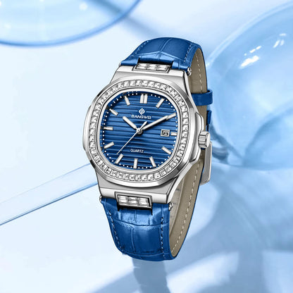 New Fashion BANGWEI Elegant Luxury Quartz Woman Watch Simple Dial Diamond Retro Leather Date Waterproof Luminous Women's Watches